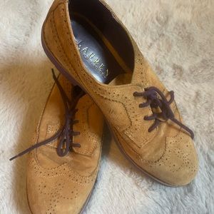Ralph Lauren suede wingtips w/ purple laces & soles. Very gently worn. Size 8B.
